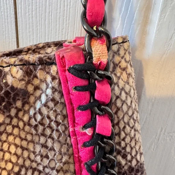 Poppie Snake Print Shoulder Hobo Bag Pink and Graphite Color Accents Chain Large - Picture 7 of 12